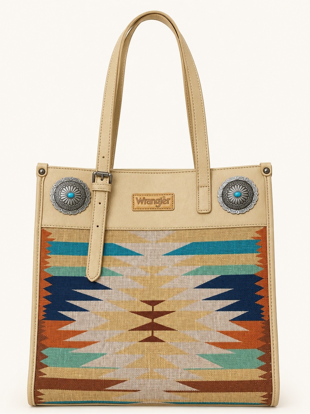 Wrangler Beige Tote with Turquoise, Navy & Rust Southwestern Panel | NEW